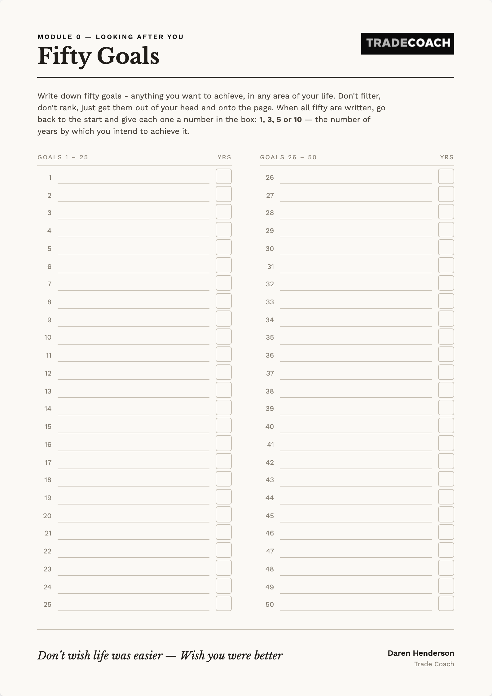 Fifty Goals worksheet, page 1