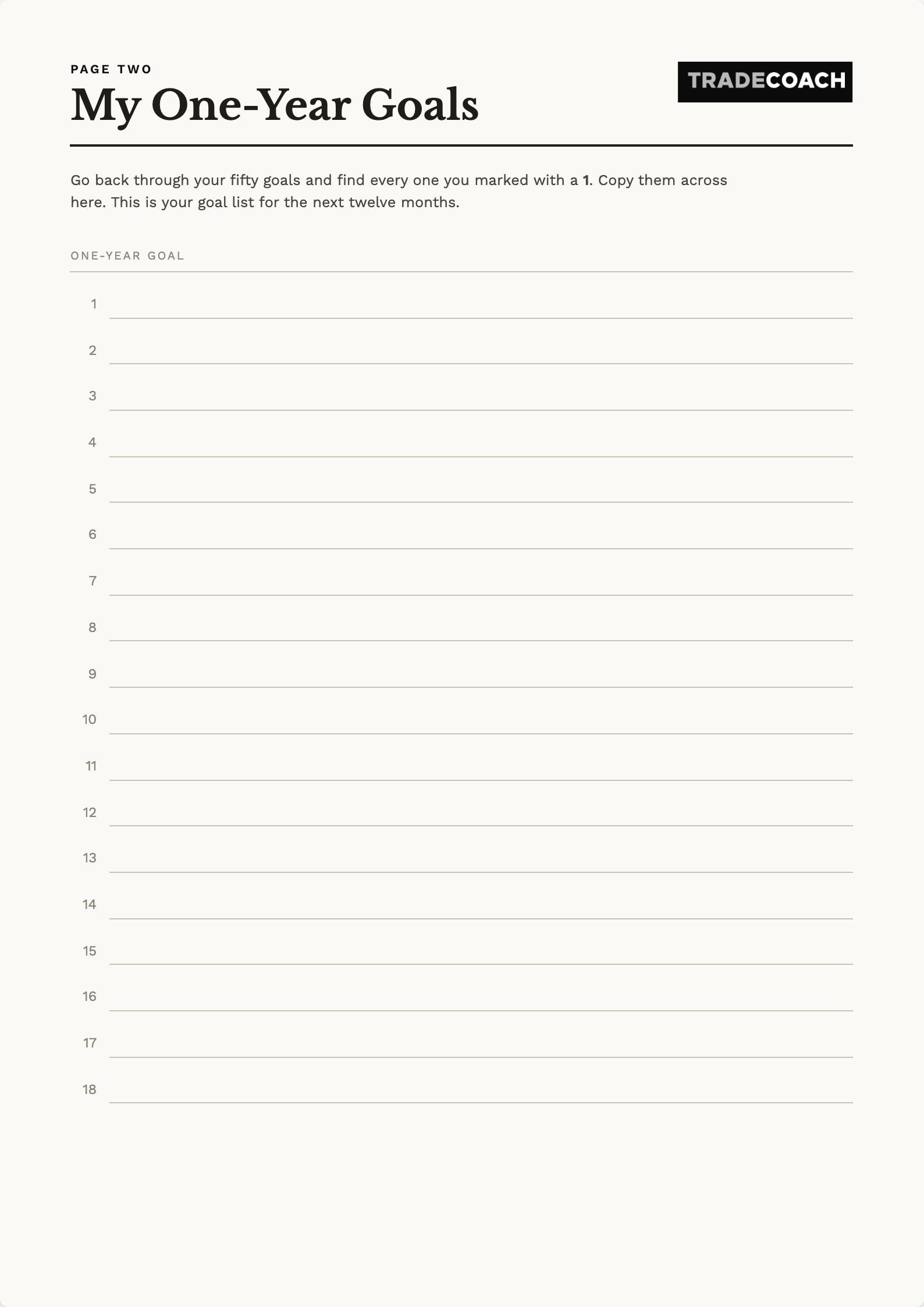 Fifty Goals worksheet, page 2