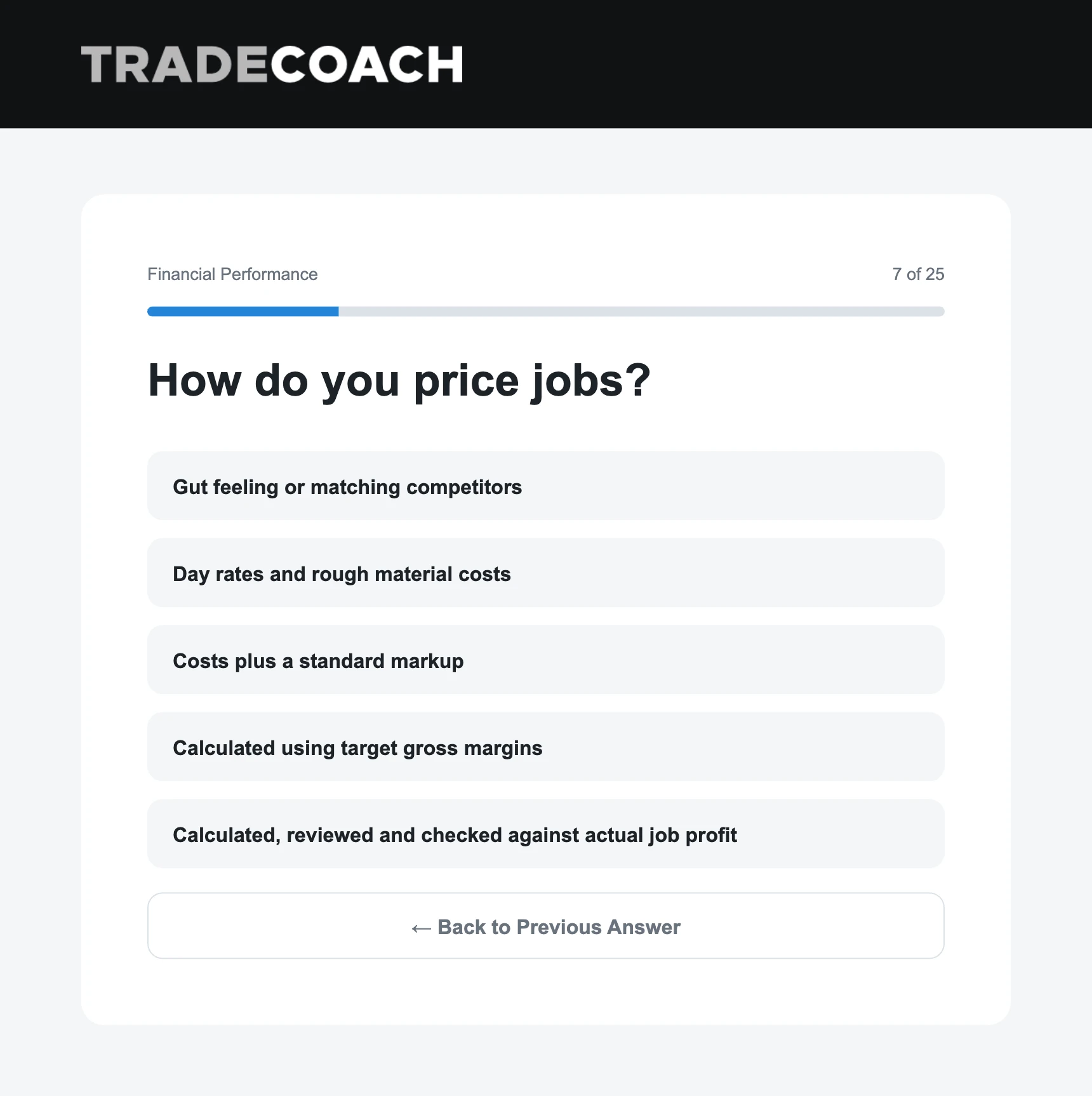 Business Freedom Assessment question screen asking how you price jobs, question 7 of 25